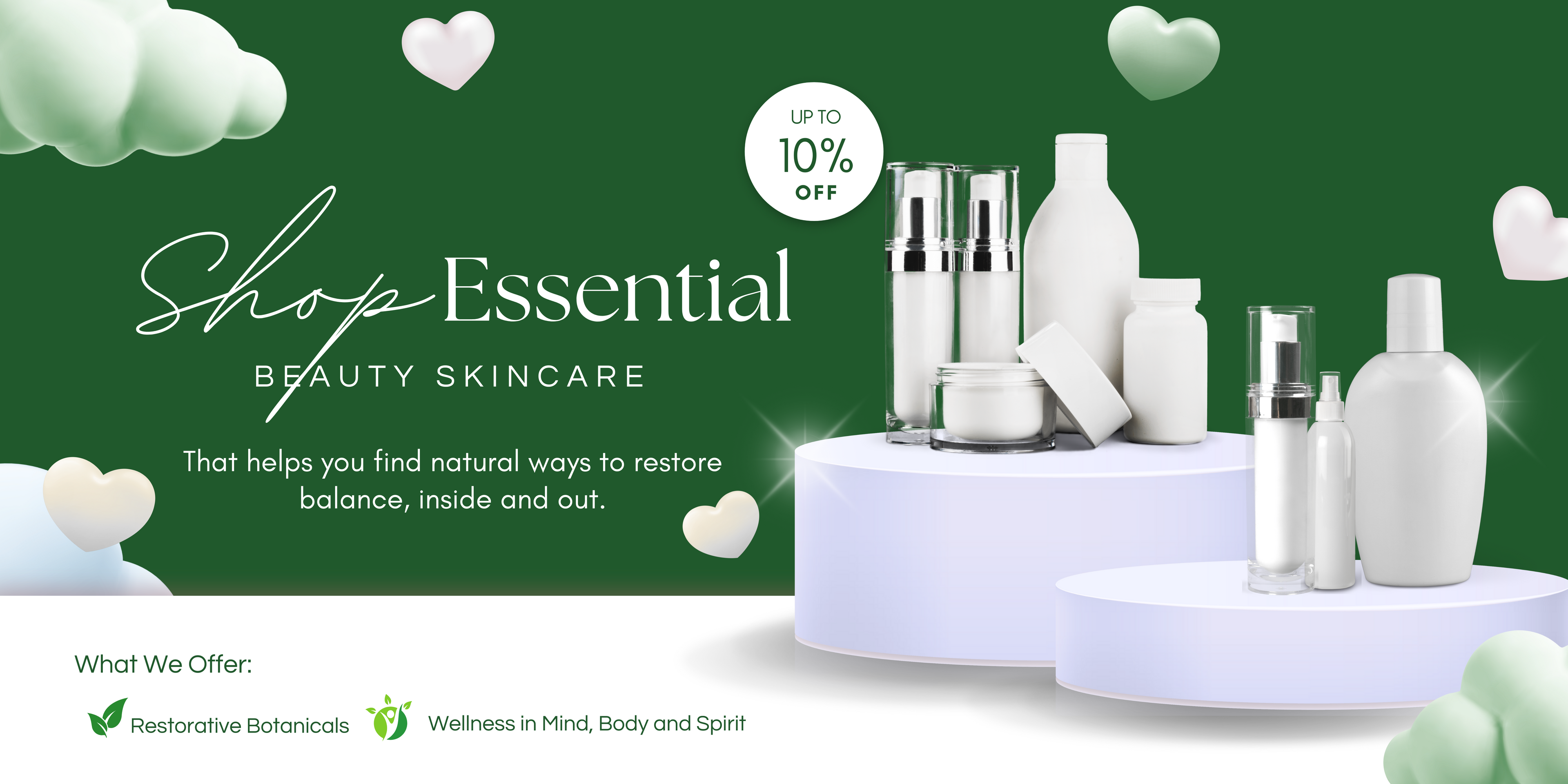 Cosmetic products on a white table with a green background and promotional text.